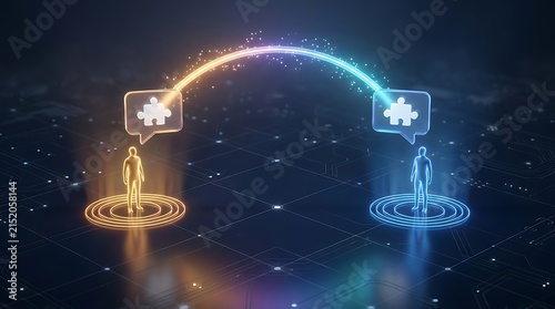 Digital connection between two glowing human figures with puzzle piece icons