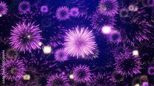 Abstract purple particles exploding like fireworks during a dark night with subtle bokeh effects