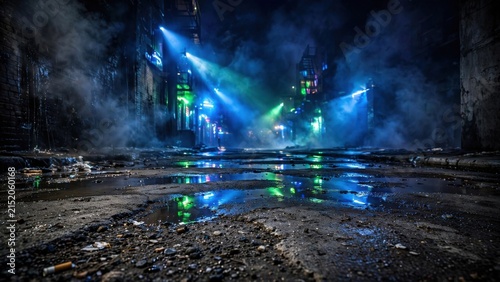 Mysterious Blue and Green Stage Lights Reflecting on Water Surface.