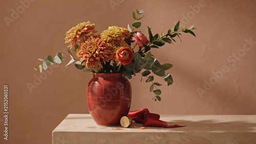 A beautiful bouquet of autumn flowers in a rustic terracotta vase on a stone table against a warm background
