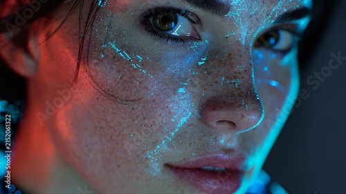 Young woman with freckles illuminated by vibrant neon lights, looking thoughtfully ahead.