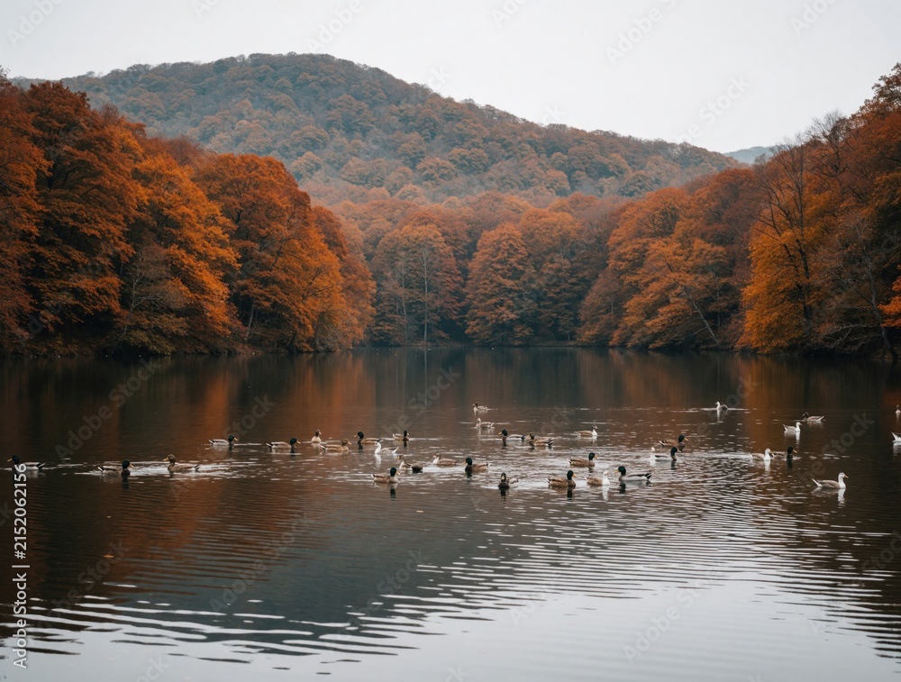 Obraz premium Flock of ducks swims on calm lake surface. Orange autumn forest surrounds water body. Misty mountain rises in background. Peaceful nature scene.