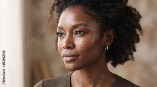 Portrait of a beautiful young African American woman with natural curly hair looking away.