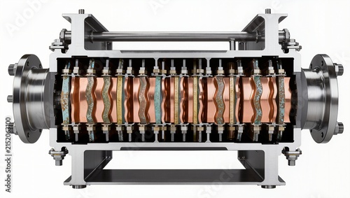 Multi-stage plate heat exchanger corrugated plate stack cutaway, white background