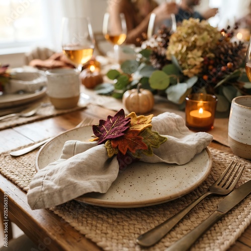 Autumn table setting with felt leaf napkin rings for Thanksgiving dinner celebration