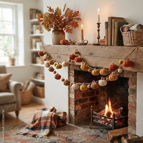 Felt pumpkin garland on rustic fireplace mantel for cozy autumn home decor