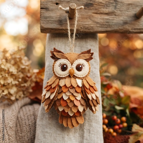 Felt owl ornament hanging on a rustic wooden hook for autumn home decor