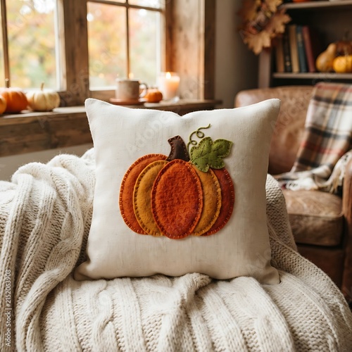 Decorative felt pumpkin throw pillow on a cozy armchair for autumn home interior decor
