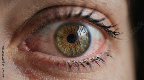 Photography A extreme close-up of a human eye with a hazel iris, showing detailed texture, eyelashes, and visible blood vessels in the sclera