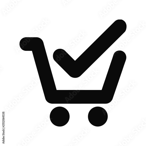 A shopping cart icon combined with a checkmark represents a completed purchase or successful order confirmation in a minimalist black and white style