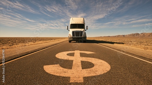 Road to Prosperity: A White Semi-Truck Approaches a Large Dollar Sign Painted on an Expansive Desert Highway Under a Dynamic Sky, Symbolizing Financial Journey and Commercial Success