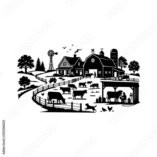 Farmhouse scene silhouette vector illustration featuring cows barn tractor