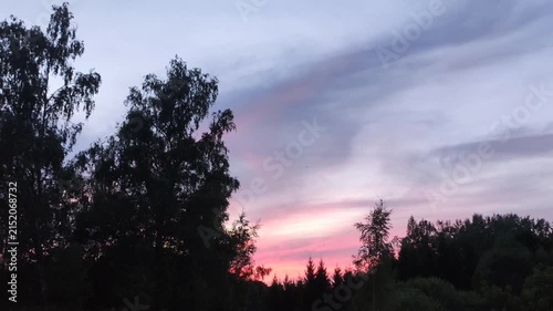 Serene twilight landscape with a low treeline silhouetted against a soft pink and purple gradient sky. Open grassy fields, peaceful nature, dusk atmosphere.
