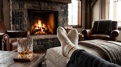 Cozy Fireplace Comfort: Feet Up with Bourbon