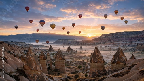 Sunrise Hot Air Balloon Flight Over Cappadocia Fairy Chimneys.
