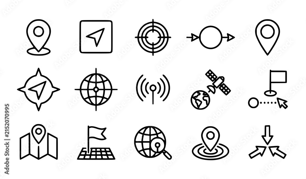 Fototapeta premium GPS Location Tracking Marker Outline Icons Monochrome Vector Set