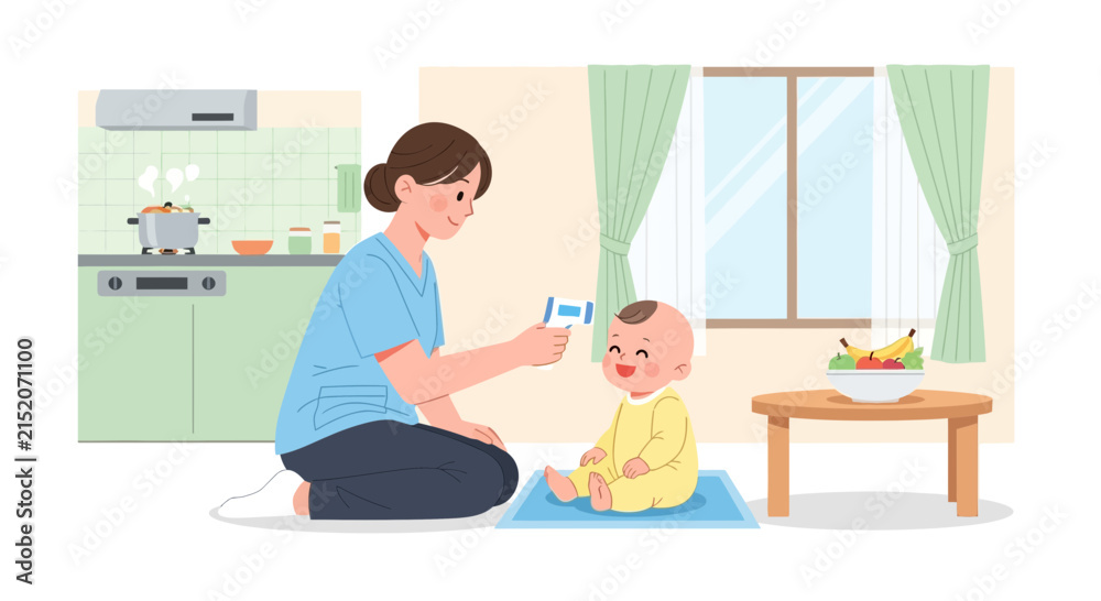 Fototapeta premium Nurse checking baby's temperature with thermometer, home setting