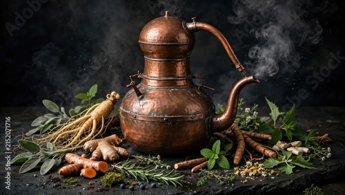 Ancient Copper Alembic Still with Medicinal Herbs and Roots.