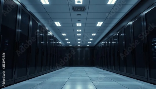 Symmetrical server room corridor in dim lighting with rows of dark equipment cabinets