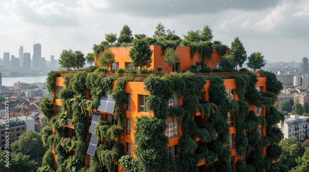 Obraz premium Bright orange apartment building features lush green vertical garden and rooftop green plants. Solar panels are mounted on facade. City skyline and river visible in background.