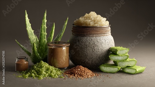 Natural ingredients for organic skincare preparation, featuring aloe vera and various powders.