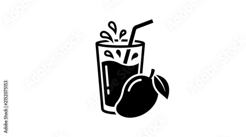 Fotografie Mango juice glass with straw and fruit icon.