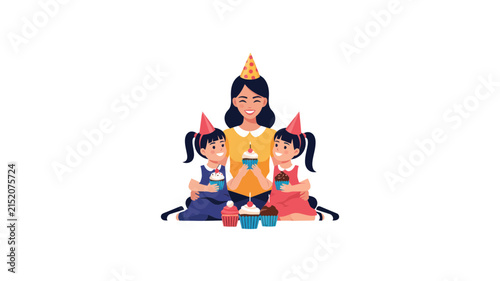 Mother and Daughters Celebrating Birthday with Cupcakes