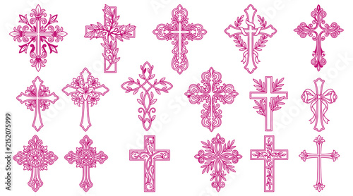 A detailed breast cancer awareness vector bundle featuring elegant pink decorative cross designs for religious charity events and support project graphics