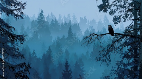 Solitary owl perched on a misty, moonlit forest branch, evoking mystery and tranquility