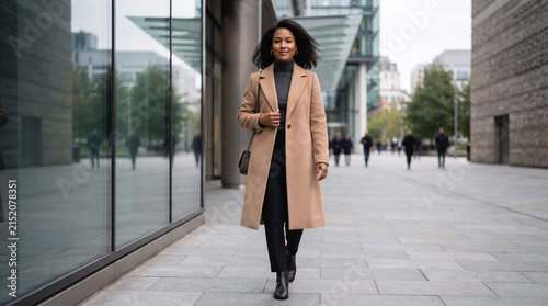 Confident professional woman walking through a modern business district in a stylish coat.