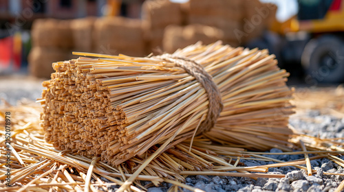 Tightly framed close-up of a freshly cut straw thatch bundle tied with twine resting against a busy urban construction backdrop suggesting deliberate craft-based frugality and intentional value-driv
