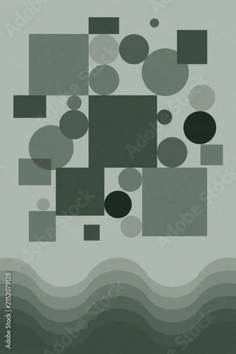 Panel kuchenny z motywem Abstract composition with overlapping geometric shapes squares circles rectangles in grey green shades. Wavy bands form border at bottom. Clean modern design background.