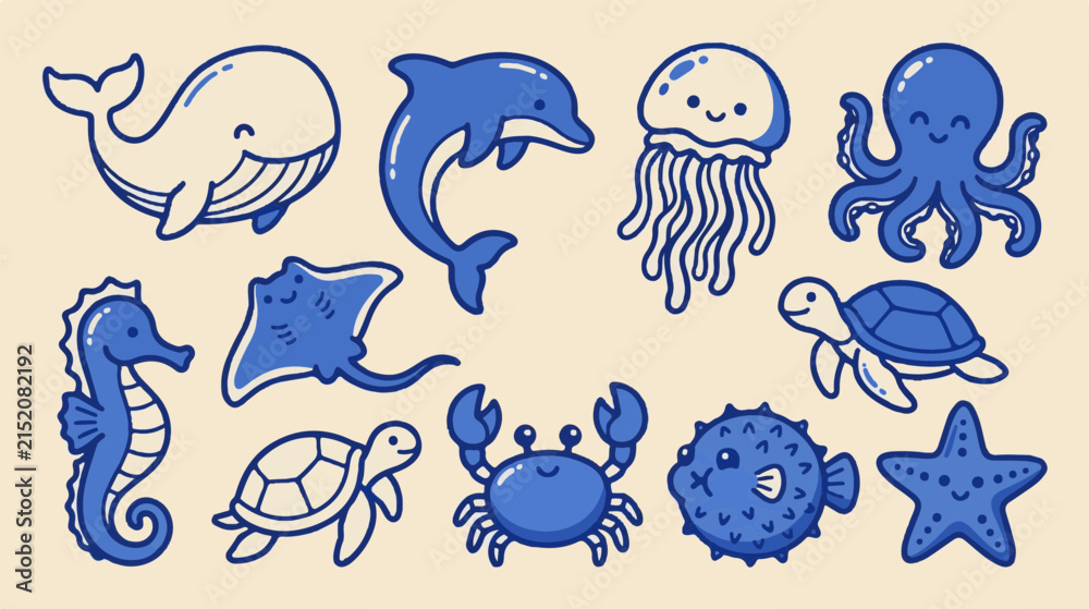 Fototapeta premium Cute sea animal vector icons, blue nautical creature illustrations, set of 11 marine life stickers for kids education and nursery decor