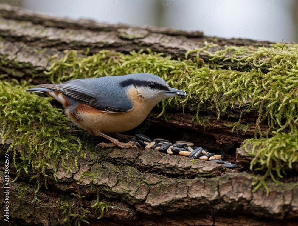 Obraz premium Eurasian nuthatch bird eats sunflower seeds from mossy tree bark. Small bird with blue gray back and orange belly perched on old wood in forest. Wildlife scene in nature.