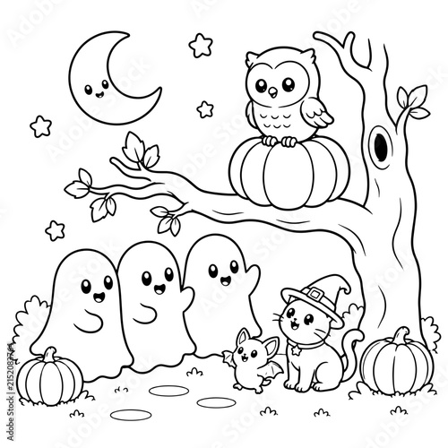 cute halloween owl and ghost friends coloring page with pumpkins cats and moonlit tree vector illustration