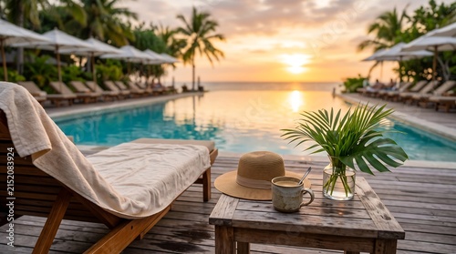Luxury tropical resort infinity pool at sunset with a straw hat, coffee cup, small vase, towel, and sun loungers overlooking the ocean.