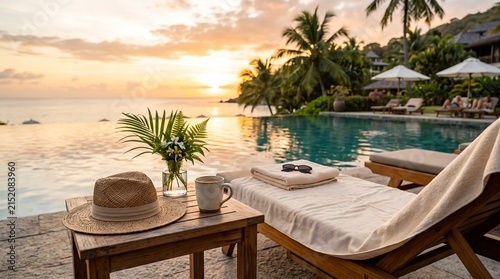 Luxury tropical resort infinity pool at sunset with a straw hat, coffee cup, small vase, towel, and sun loungers overlooking the ocean.
