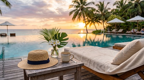 Luxury tropical resort infinity pool at sunset with a straw hat, coffee cup, small vase, towel, and sun loungers overlooking the ocean.