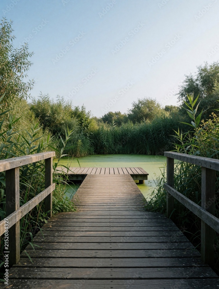 Obraz premium Wooden pier extends over murky green water surrounded by lush reeds and trees under clear sky. A tranquil nature path invites peaceful exploration in this calm outdoor setting.
