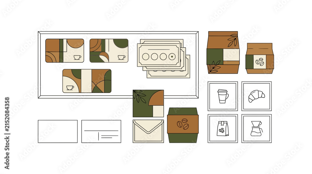 Fototapeta premium Coffee Brand Identity Elements: Packaging, Stationery, Icons