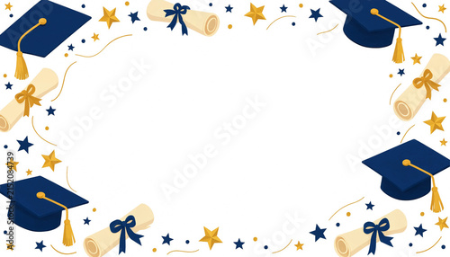 Decorative graduation border featuring caps and diplomas for academic celebration and event announcement.