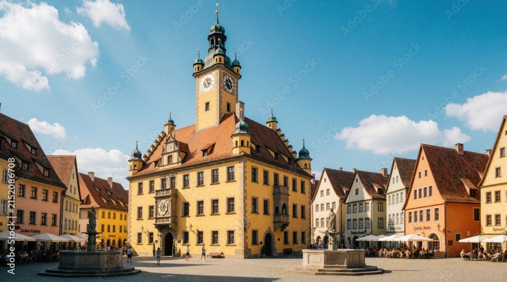 Fototapeta premium Yellow town hall with clock tower in European square. Colorful old buildings with tiled roofs surround plaza with fountains and outdoor cafes. People stroll under sunny blue sky.