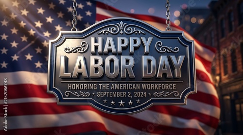 Happy labor day decorative sign hanging in front of a blurred american flag