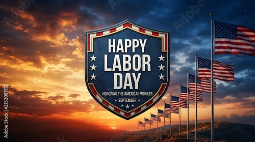 Happy labor day celebration graphic with american flags waving against a dramatic sunset sky background