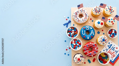 Assorted patriotic donuts decorated for fourth of july celebration on a light blue background with copy space