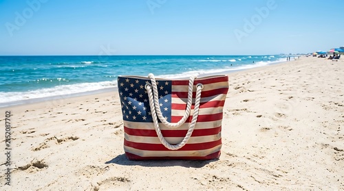 American flag beach bag sitting on the sandy shore with blue ocean waves in the background