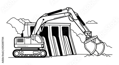 Excavator demolishing a building.