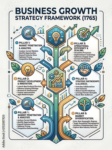 Business growth strategy framework diagram with five pillars