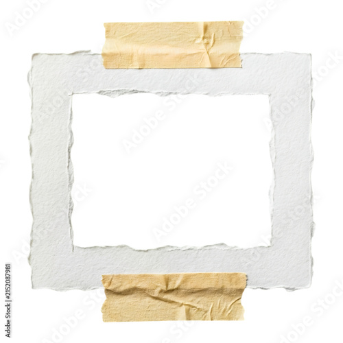 Torn paper frame isolated on white background with masking tape for scrapbook photo border collage design asset