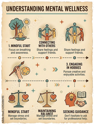 Mental wellness infographic with self care tips on vintage paper